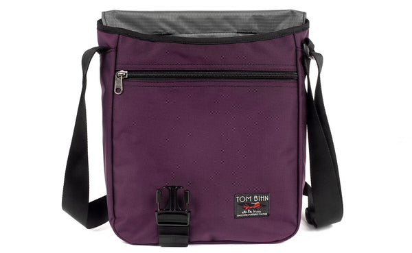 Medium Cafe Bag in Aubergine (dark purple) 525 Ballistic with Mountain Grey (grey with light grey grid) 210 Cerylon interior